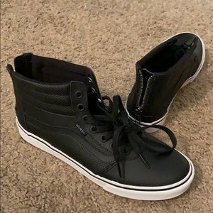 Black faux leather vans with zipper